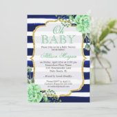 Invitation Oh Baby shower Mint Floral Gold Navy raypes (Debout devant)