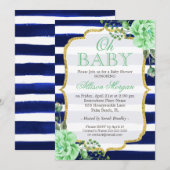 Invitation Oh Baby shower Mint Floral Gold Navy raypes (Devant / Derrière)