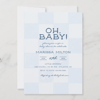 Invitation Oh Baby Shower Moderne à Carreaux Bleus pour Bébé