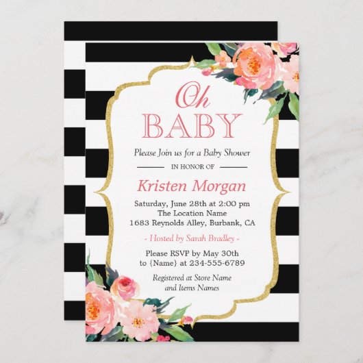Invitation Oh Baby shower Moderne Floral Gold Frame Stripes (Devant / Derrière)