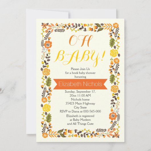 Invitation Oh Baby shower orange et jaune frontière florale (Devant)