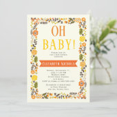 Invitation Oh Baby shower orange et jaune frontière florale (Debout devant)