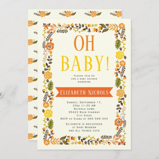 Invitation Oh Baby shower orange et jaune frontière florale (Devant / Derrière)