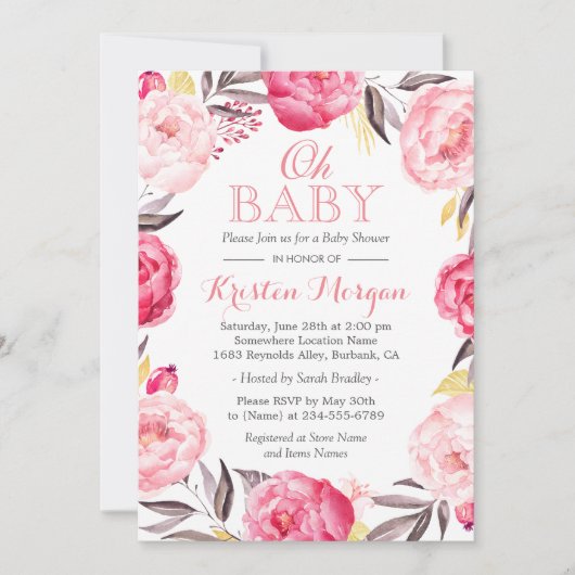 Invitation Oh Baby shower Romantique Botanique Fluale Wreath (Devant)