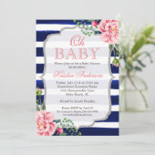 Invitation Oh Baby shower rose Floral Argent Marine Bleu Stri (Debout devant)