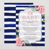 Invitation Oh Baby shower rose Floral Argent Marine Bleu Stri (Devant / Derrière)