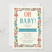 Invitation Oh Baby shower rouge et turquoise frontière floral (Devant)