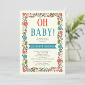 Invitation Oh Baby shower rouge et turquoise frontière floral (Debout devant)