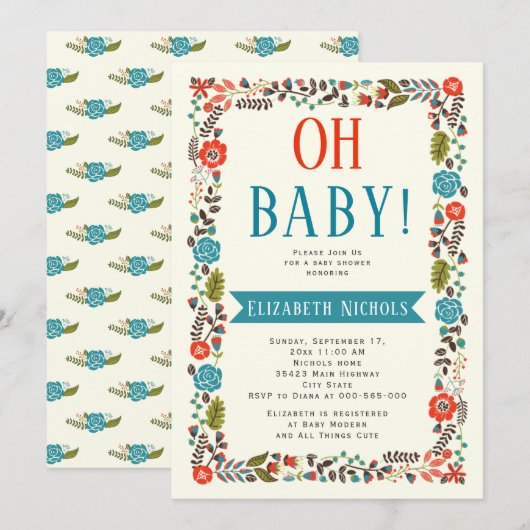 Invitation Oh Baby shower rouge et turquoise frontière floral (Devant / Derrière)