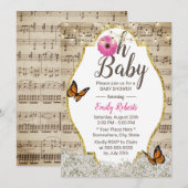 Invitation Oh Baby shower Rustic Baby's Breath Floral Musical (Devant / Derrière)