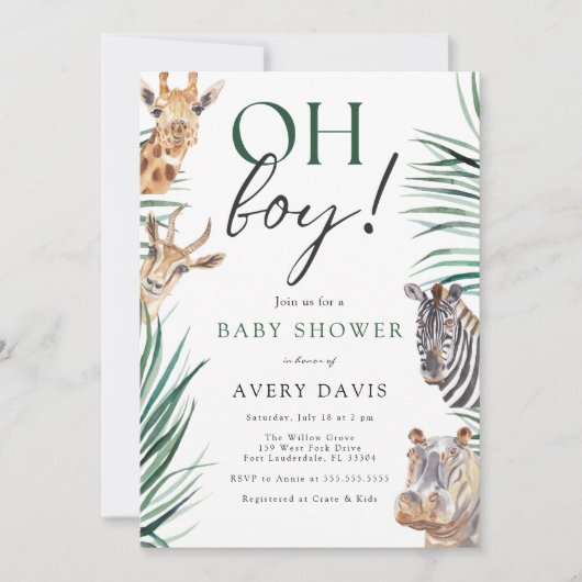 Invitation Oh Baby shower Safari Animaux Garçon (Devant)