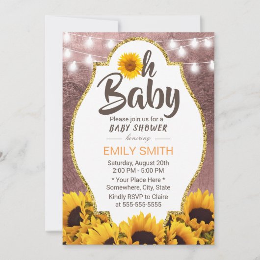 Invitation Oh Baby shower Sunflowers String Lights Rose Gold (Devant)