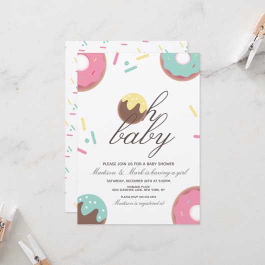 Invitation Oh Baby shower Sweet Cake Pop Donut (Devant/Arrière en situation)