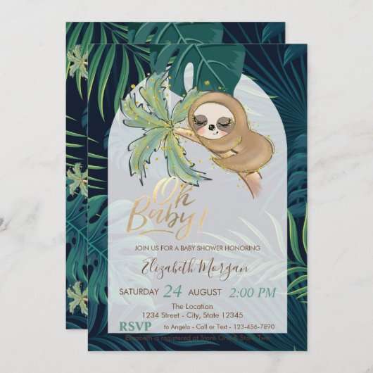 Invitation Oh Baby Sleeping Sloth Palm Baby shower feuille de (Devant / Derrière)