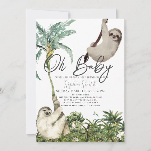 Invitation Oh Baby Sloth Jungle Baby shower (Devant)