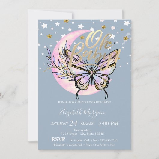Invitation Oh Baby Stars Moon Butterfly Blue Baby Shower (Devant)