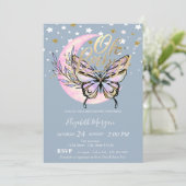Invitation Oh Baby Stars Moon Butterfly Blue Baby Shower (Debout devant)