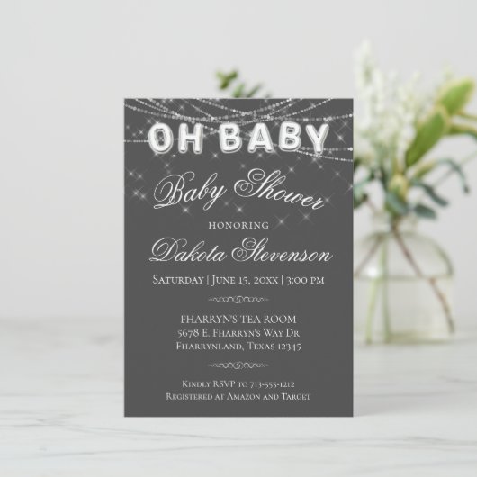 Invitation Oh Baby String Light | Douche à bulle gris foncé (Debout devant)