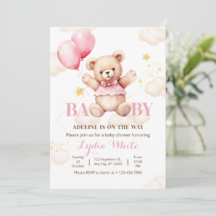 Invitation Oh Baby Teddy Bear avec fille au ballon Baby Showe