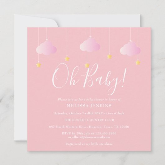 Invitation Oh Baby Twinkle Twinkle Baby shower rose (Devant)