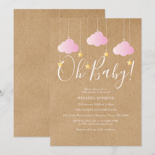 Invitation Oh Baby Twinkle Twinkle Baby shower rose rustique (Devant / Derrière)