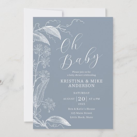 Invitation Oh Baby Vintage Botanique Dusty Bleu Blanc (Devant)