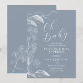 Invitation Oh Baby Vintage Botanique Dusty Bleu Blanc (Devant / Derrière)