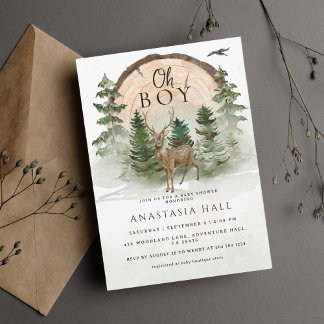 Invitation Oh Baby Woodland Aquarelle Baby shower rustique
