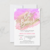 Invitation OH BÉBÉ ! Aquarelle or rose violet Baby shower (Devant)