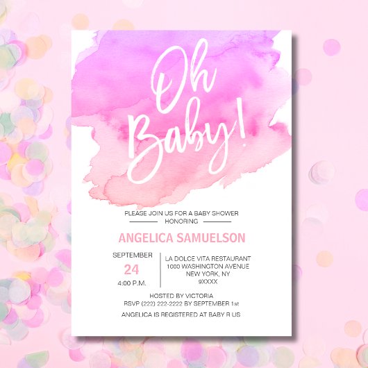 Invitation OH BÉBÉ ! Aquarelle Peach rose violet Baby shower