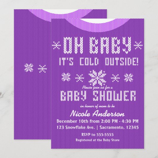 Invitation OH BÉBÉ Baby shower d'hiver Knit Sweater violet (Devant / Derrière)