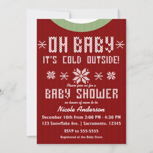 Invitation OH BÉBÉ Baby shower hiver Knit Sweater Rouge Vert (Devant)