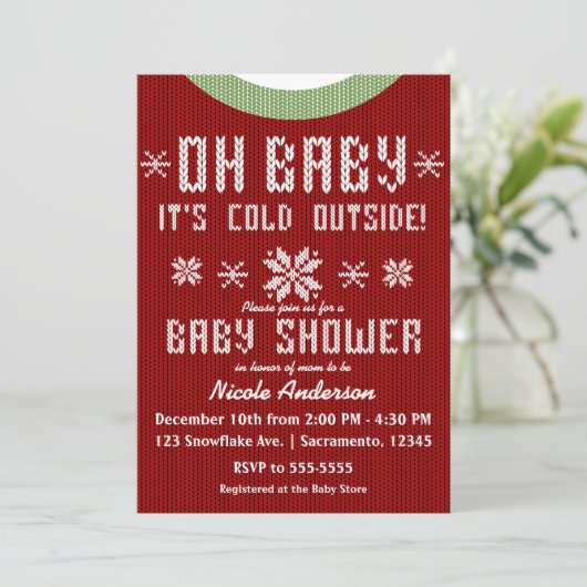 Invitation OH BÉBÉ Baby shower hiver Knit Sweater Rouge Vert (Debout devant)