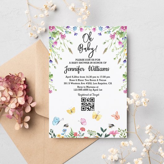 Invitation oh bébé, baby shower qr code fleurs sauvages flora