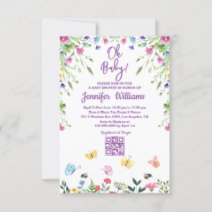 Invitation oh bébé, baby shower qr code floral violet