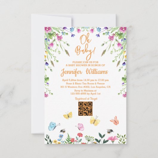 Invitation oh bébé, baby shower qr code oranges florales (Devant)