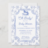 Invitation Oh bébé bleu cheval à bascule esquisse baby shower (Devant)