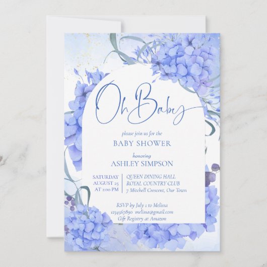 Invitation Oh bébé bleu hydrangée élégant baby shower (Devant)