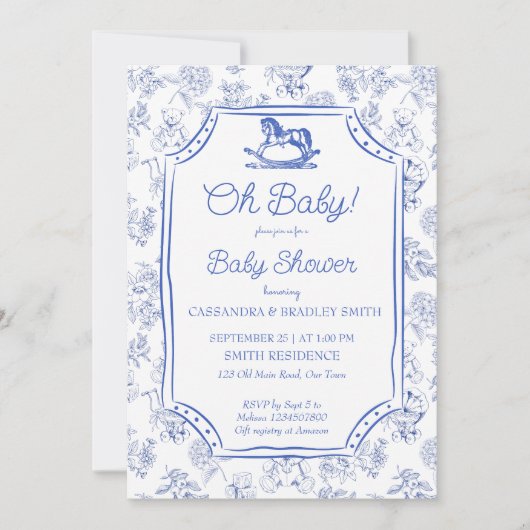 Invitation Oh bébé bleu rocking cheval croquis baby shower (Devant)