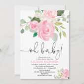 Invitation Oh bébé Blush fille baby shower aquarelles florale (Devant)