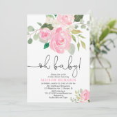 Invitation Oh bébé Blush fille baby shower aquarelles florale (Debout devant)
