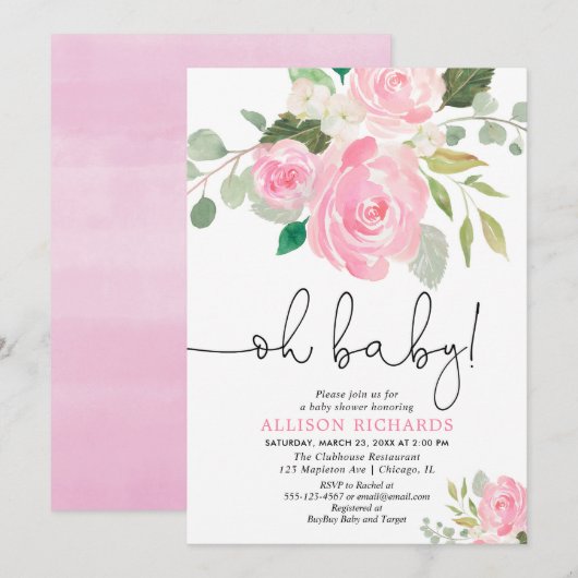 Invitation Oh bébé Blush fille baby shower aquarelles florale (Devant / Derrière)