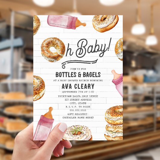 Invitation Oh Bébé Bouteilles & Bagels Baby shower rose Brunc