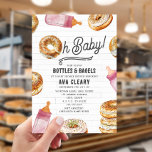 Invitation Oh Bébé Bouteilles & Bagels Baby shower rose Brunc<br><div class="desc">Bouteilles & Bagels thème baby shower brunch avec Illustration d'un bagel incorporé au design "oh bébé" avec des biberons roses et des illustrations de bagel tout autour. Le design Arrière - plan est carrelage de métro.</div>