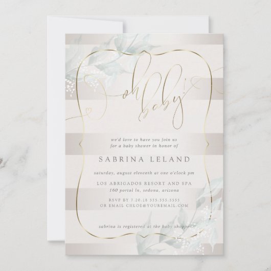 Invitation OH Bébé ! Calligraphie Ombré Taupe Rayures (Devant)