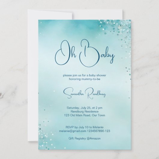 Invitation Oh bébé cyan aqua bleu baby shower (Devant)