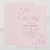 Invitation Oh Bébé ! Douce Fête de Naissance avec des coeurs (Devant / Derrière)