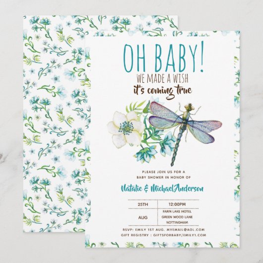 Invitation Oh Bébé DRAGONFLY Faire un Baby shower de souhait (Devant / Derrière)