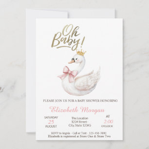 Invitation Oh Bébé Élégant Cygne Couronne Nœud Fleurs