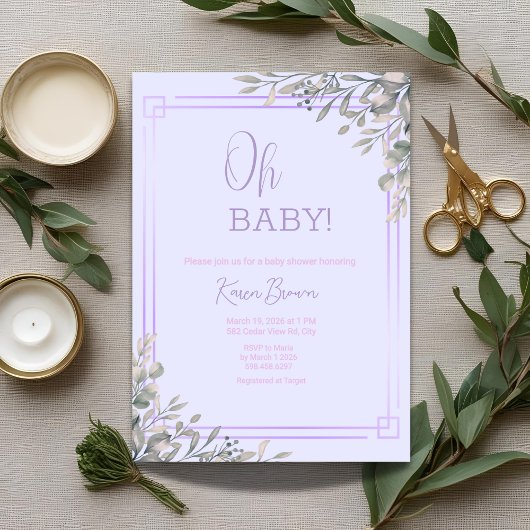 Invitation Oh bébé Elegant Verdure et Baby shower rose